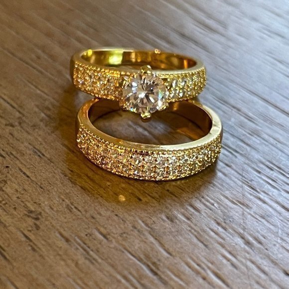 Wedding Set CZ Diamond Gold Filled 7-3/4 - Picture 1 of 8